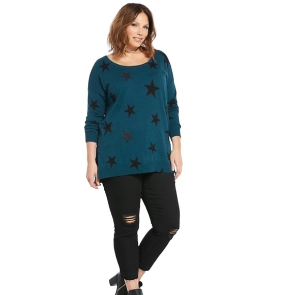 Torrid - Teal Star Print Scoop Neck Tunic Long Sleeve Skater Sweater Shirt Sz 1X - Picture 9 of 10